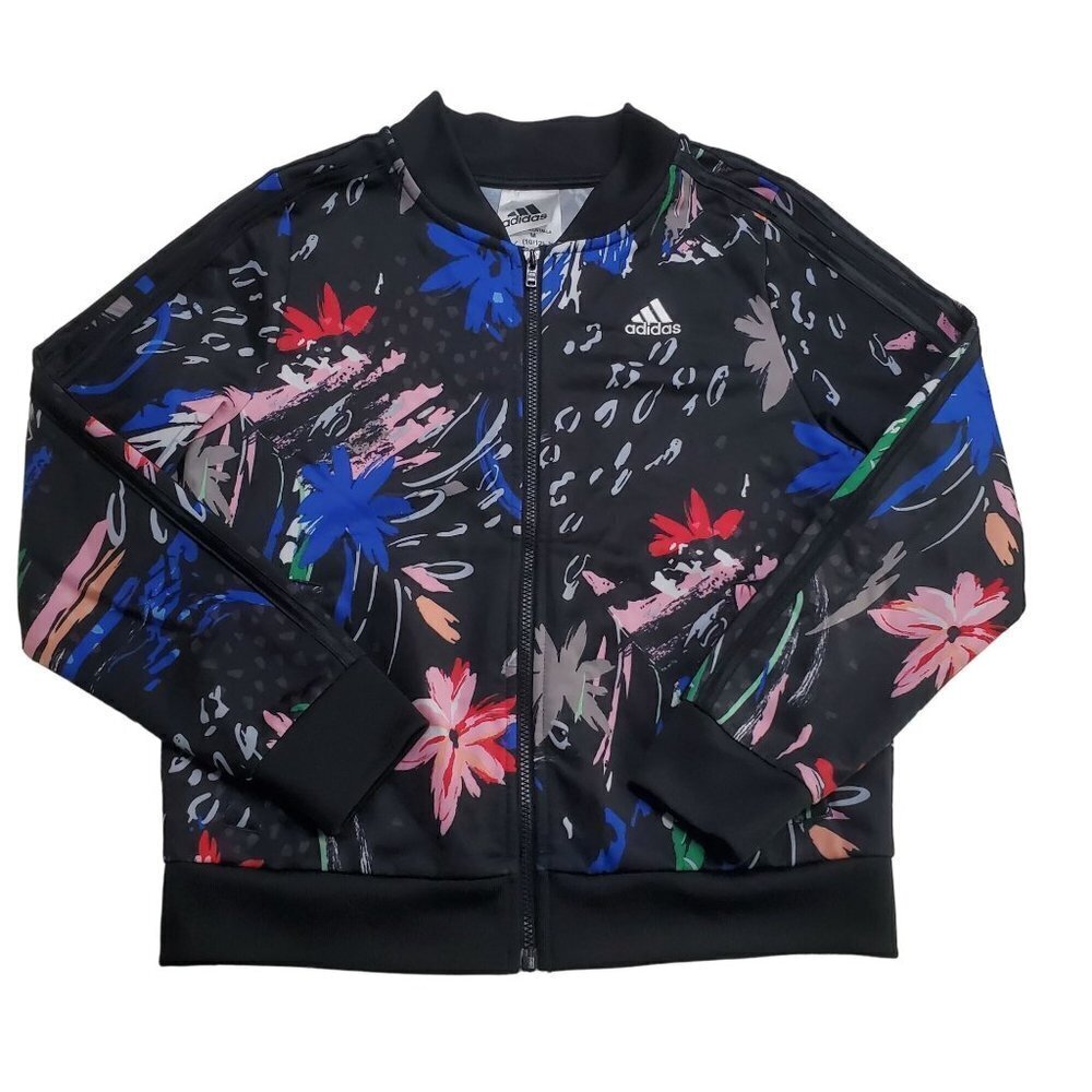 Adidas Tricot Jacket Girls M 10-12 Medium‎ Floral Print Black Full Zip Pockets